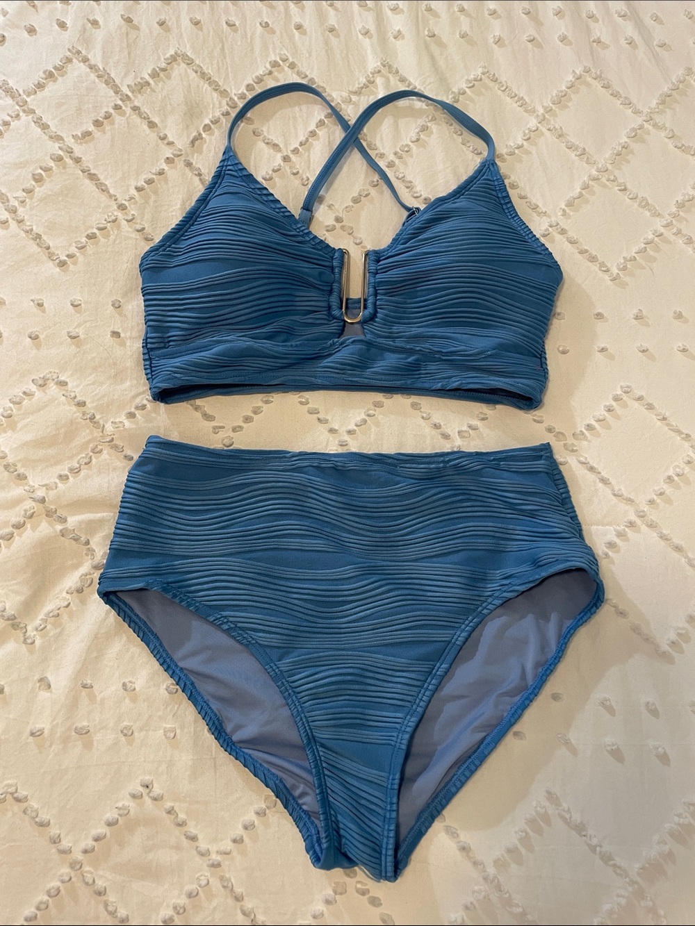 Herseas Women's Blue Textured High-Waist Bikini Set u ring new nwot